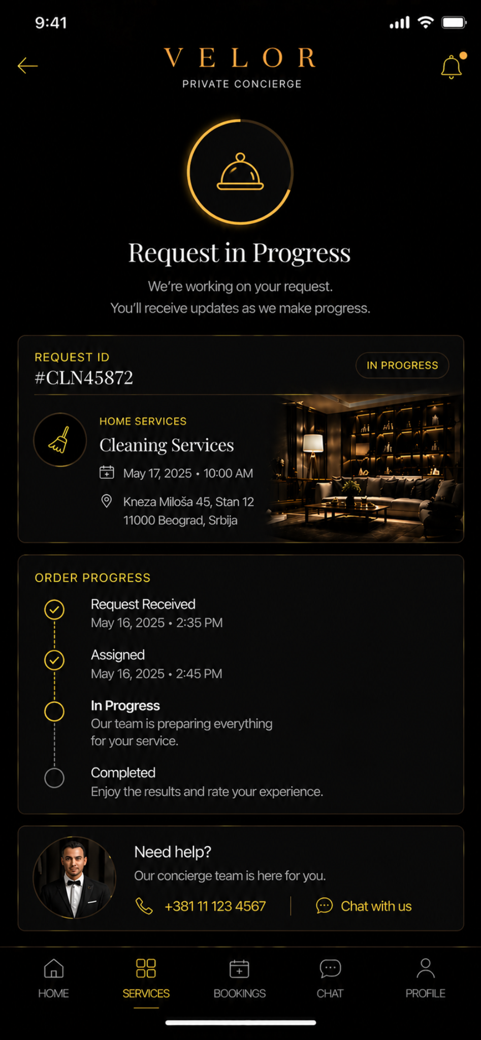 VELOR bookings and request progress screen