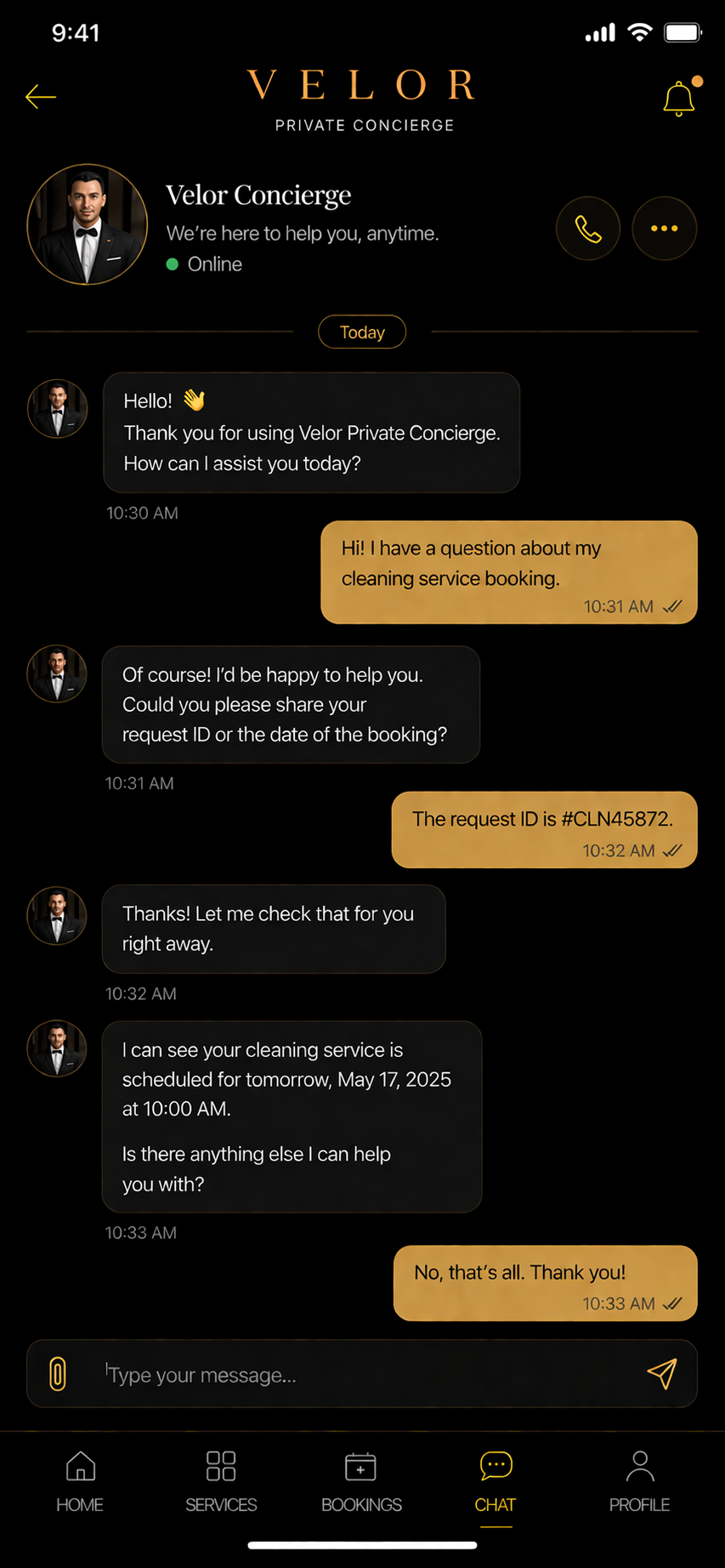 VELOR concierge chat screen