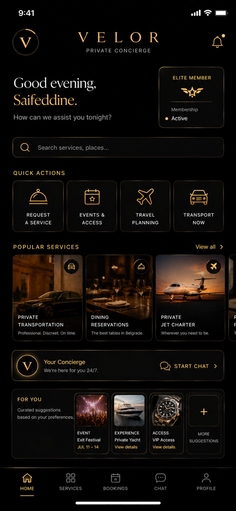 VELOR app home screen